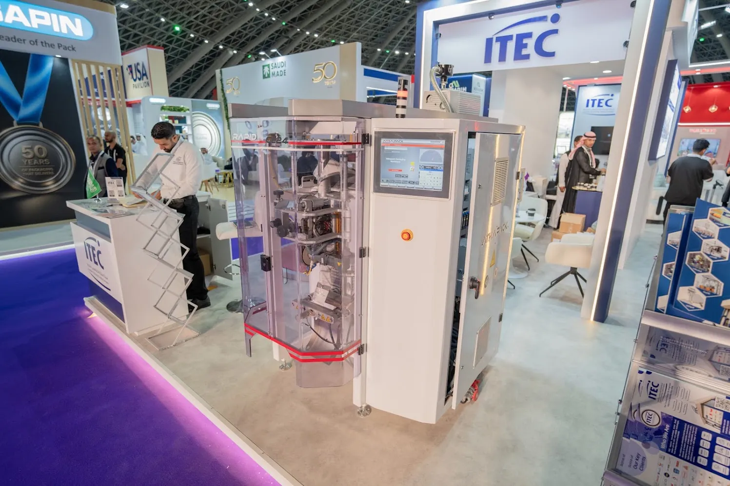 A vertical packaging machine on show at the ITEC stand, Saudi Food Manufacturing 2026