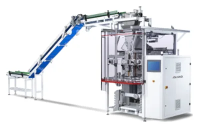 Athapack grouping machine with an inclined conveyor feeding a vertical packer
