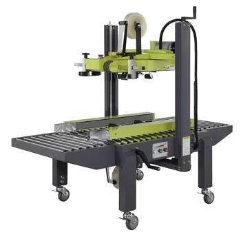 Extend carton sealing machine on wheels with a roller conveyor
