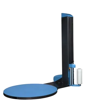 Extend pallet stretch wrapper with a blue turntable and a black mast