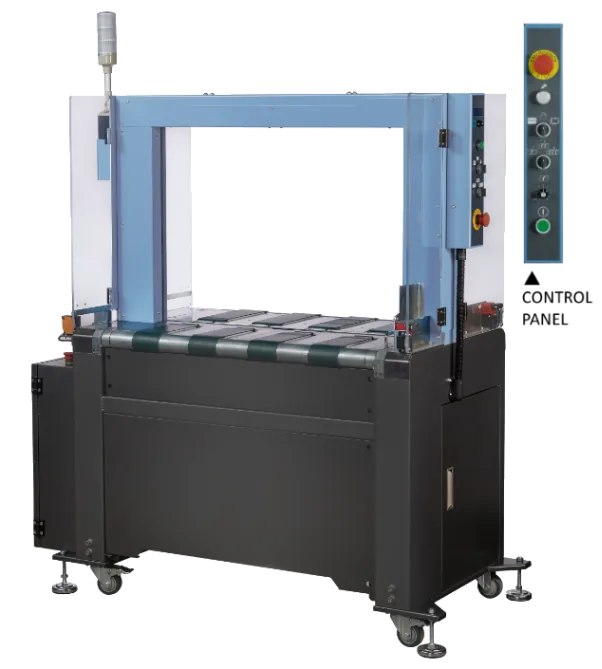 Extend strapping machine with a blue frame and a control panel