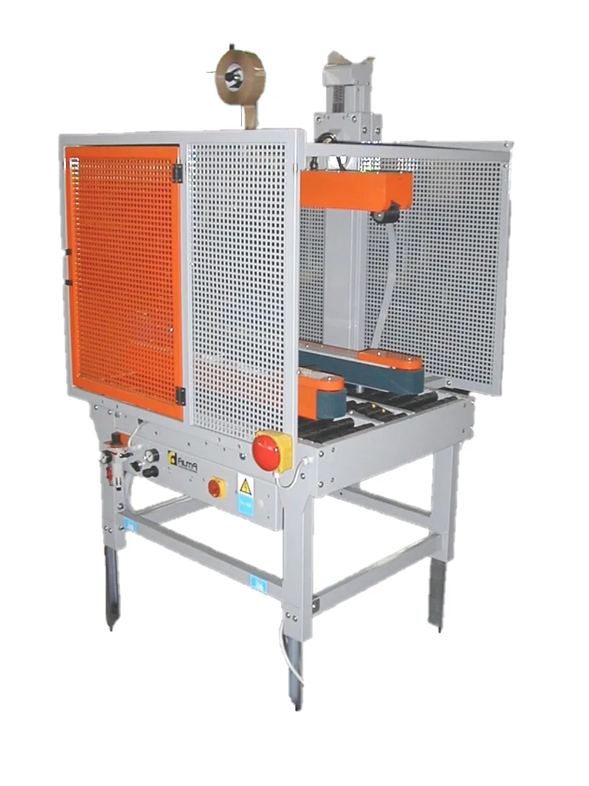 Filma packaging machine with an orange guarded frame on a steel stand
