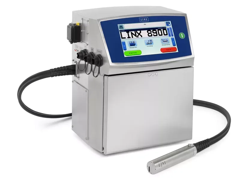 Linx continuous inkjet printer, a grey cabinet with a touchscreen and a print-head hose