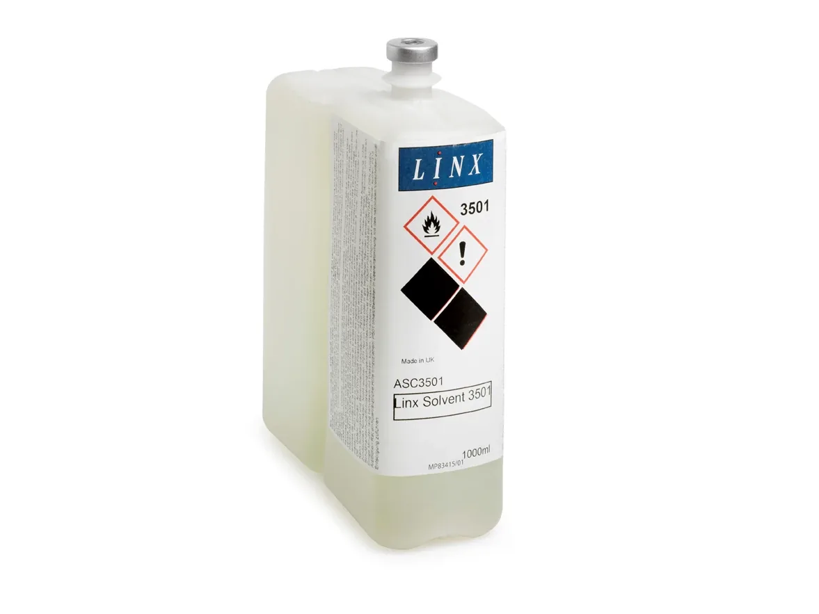 Bottle of Linx ink with a hazard label