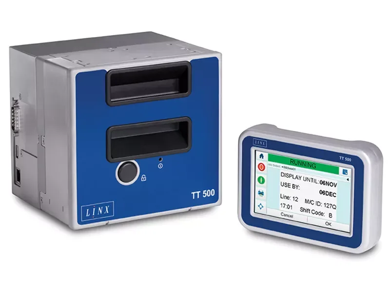Linx thermal transfer overprinter, a blue unit with a separate touchscreen