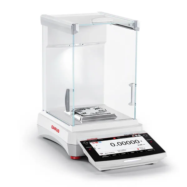Ohaus Explorer Plus semi-micro analytical balance with a glass draft shield