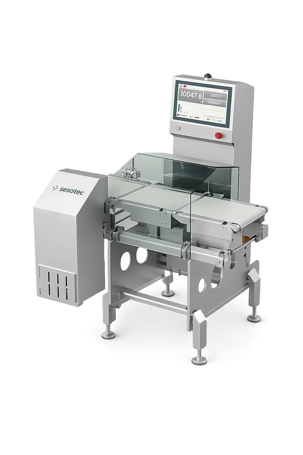 Sesotec checkweigher with a control screen over a conveyor