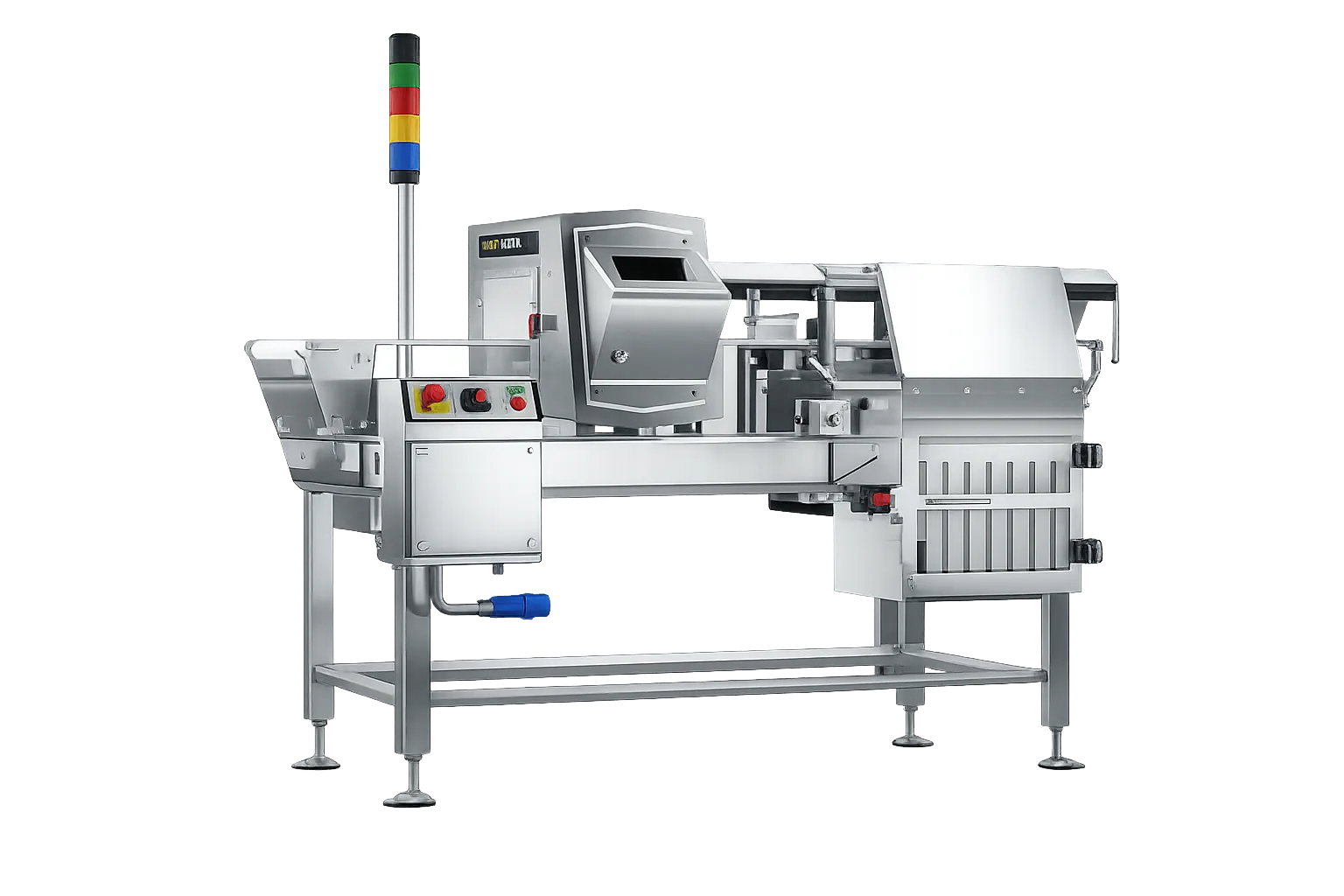 Sesotec metal detection system with a conveyor belt and signal tower