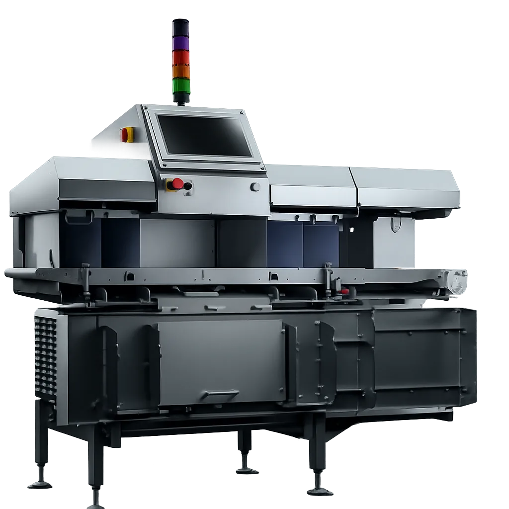 Sesotec X-ray inspection system, a dark machine with a screen and signal tower