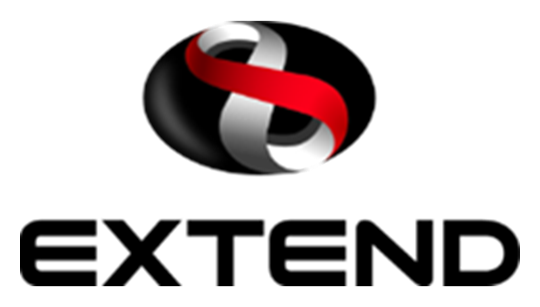 Extend logo, a black and red knot above the name