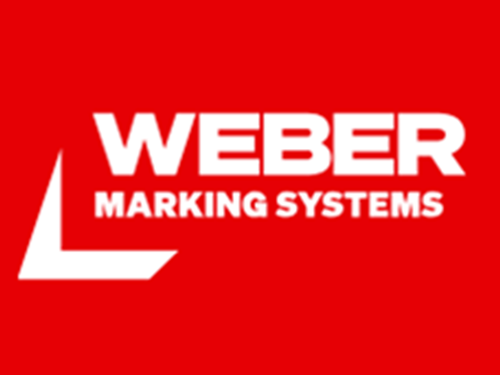 Weber Marking Systems logo, white lettering on a red tile